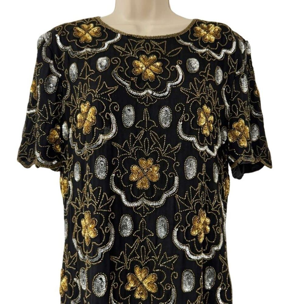 Adrianna Papell Evening Vintage Gold Silver Beaded Knee Length Formal Dress 12 - Picture 6 of 16